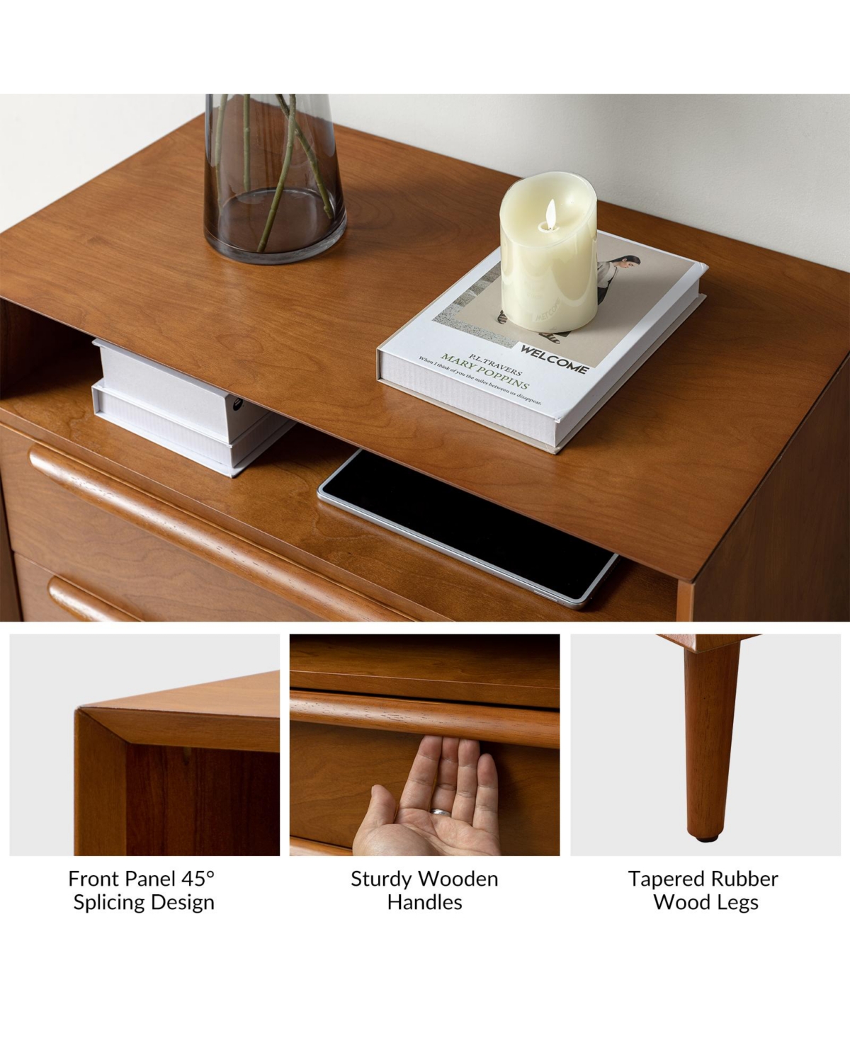 Hulala Home Kay Mid-century Modern 2 - Drawer Nightstand with Built-In Outlets