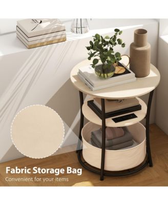 Side Table with Charging Station, 3-Tier Round End Table, Natural