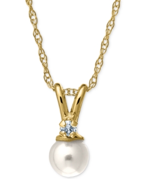 image of Children-s Cultured Freshwater Pearl and Diamond Accent Necklace in 14k Gold