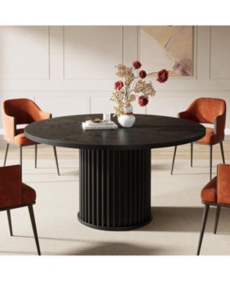 Black Round Dining Table for 4-6 People, Modern Fluted MDF + Metal Base Kitchen Table (Only Table)