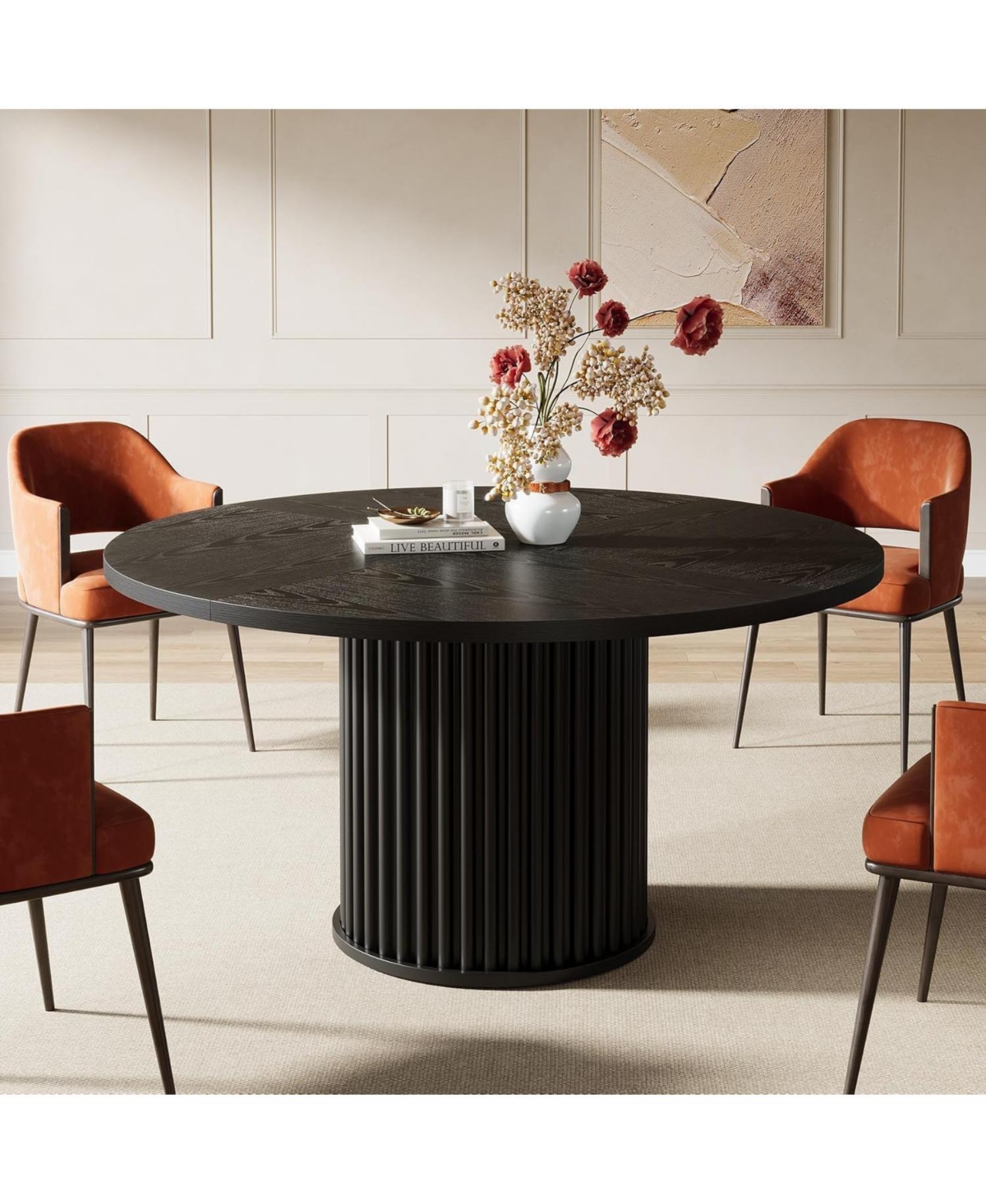 Tribesigns Black Round Dining Table for 4-6 People, Modern Fluted Mdf + Metal Base Kitchen Table (Only Table)