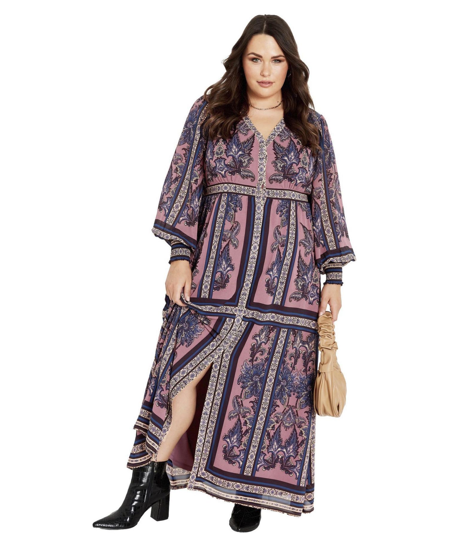 Women's Plus Size Serene Placement Sleeved Maxi Dress