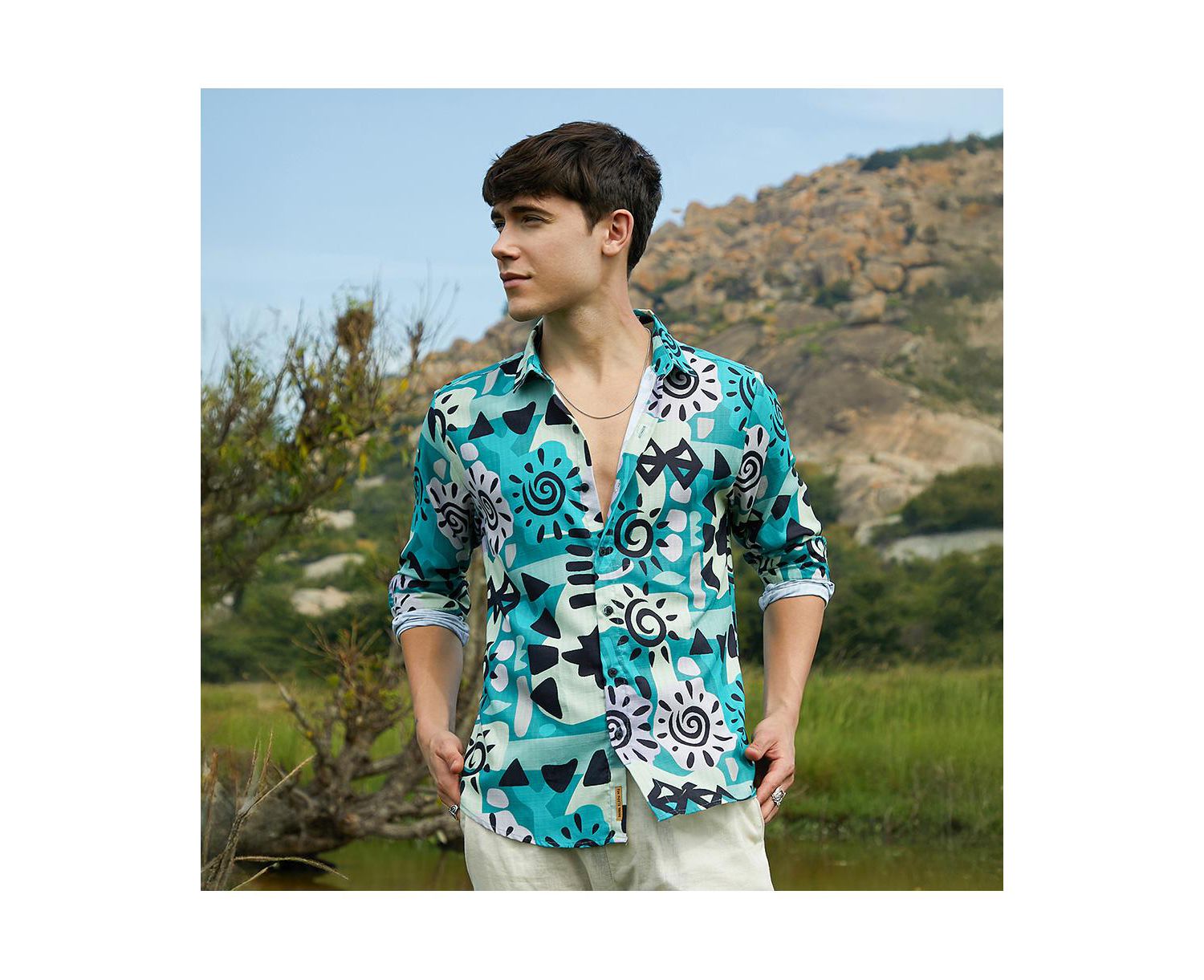 Men's Sea Green Abstract Imprint Shirt