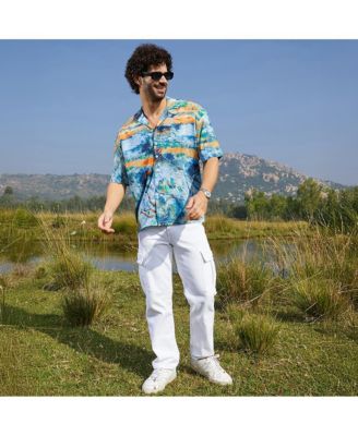 Men's Sky Blue & Pumkin Orange Indie-Block Oversized Shirt