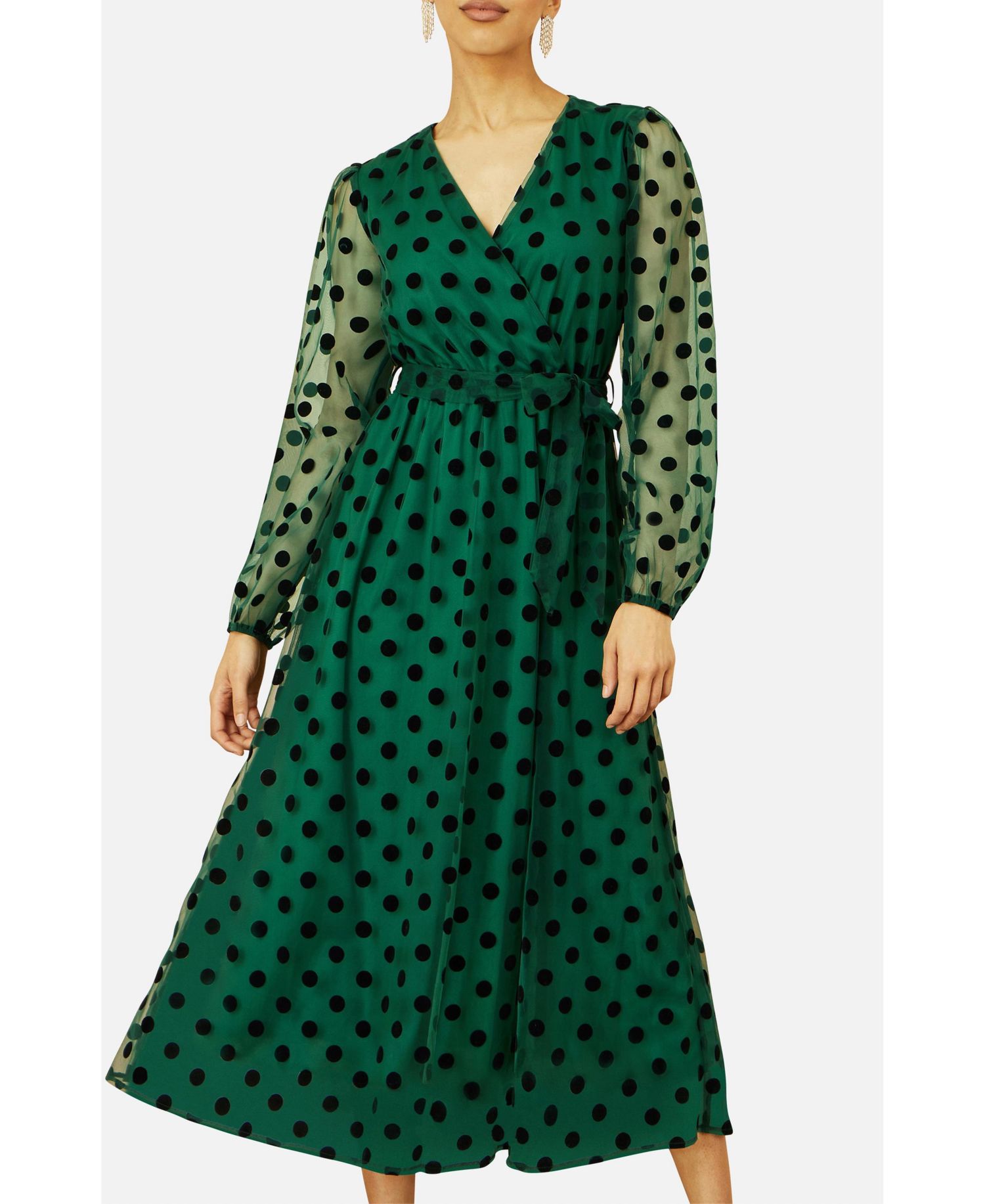 Women's Spot Mesh Wrap Midi Skater Dress