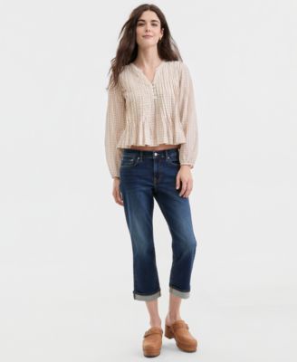 Women's Cotton Plaid Pintucked Long-Sleeve Top