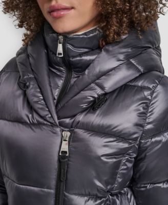 Women's Bibbed Shawl-Collar Packable Shine Puffer Coat