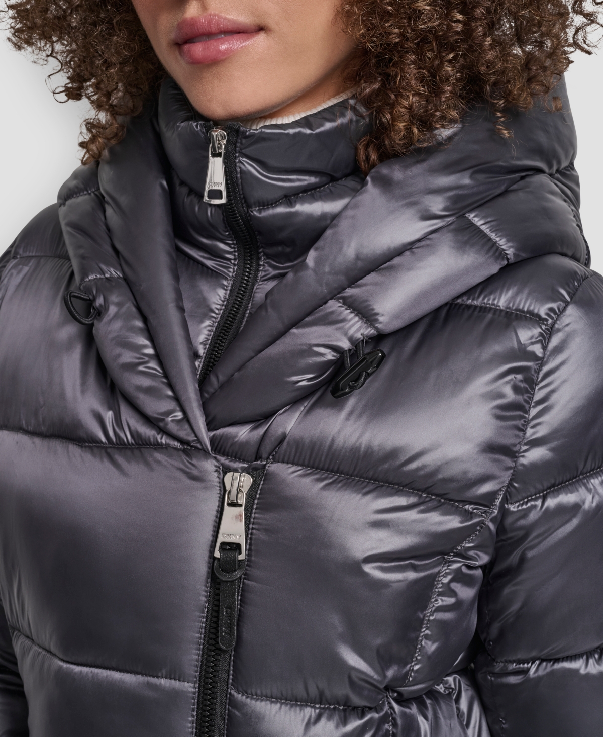 Dkny Women's Bibbed Shawl-collar Packable Shine Puffer Coat In Blue