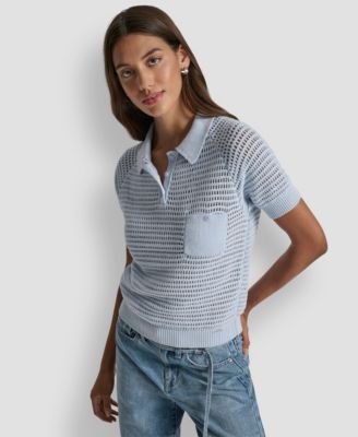 Women's Short-Sleeve Polo Collar Faux Crochet Stitch Sweater