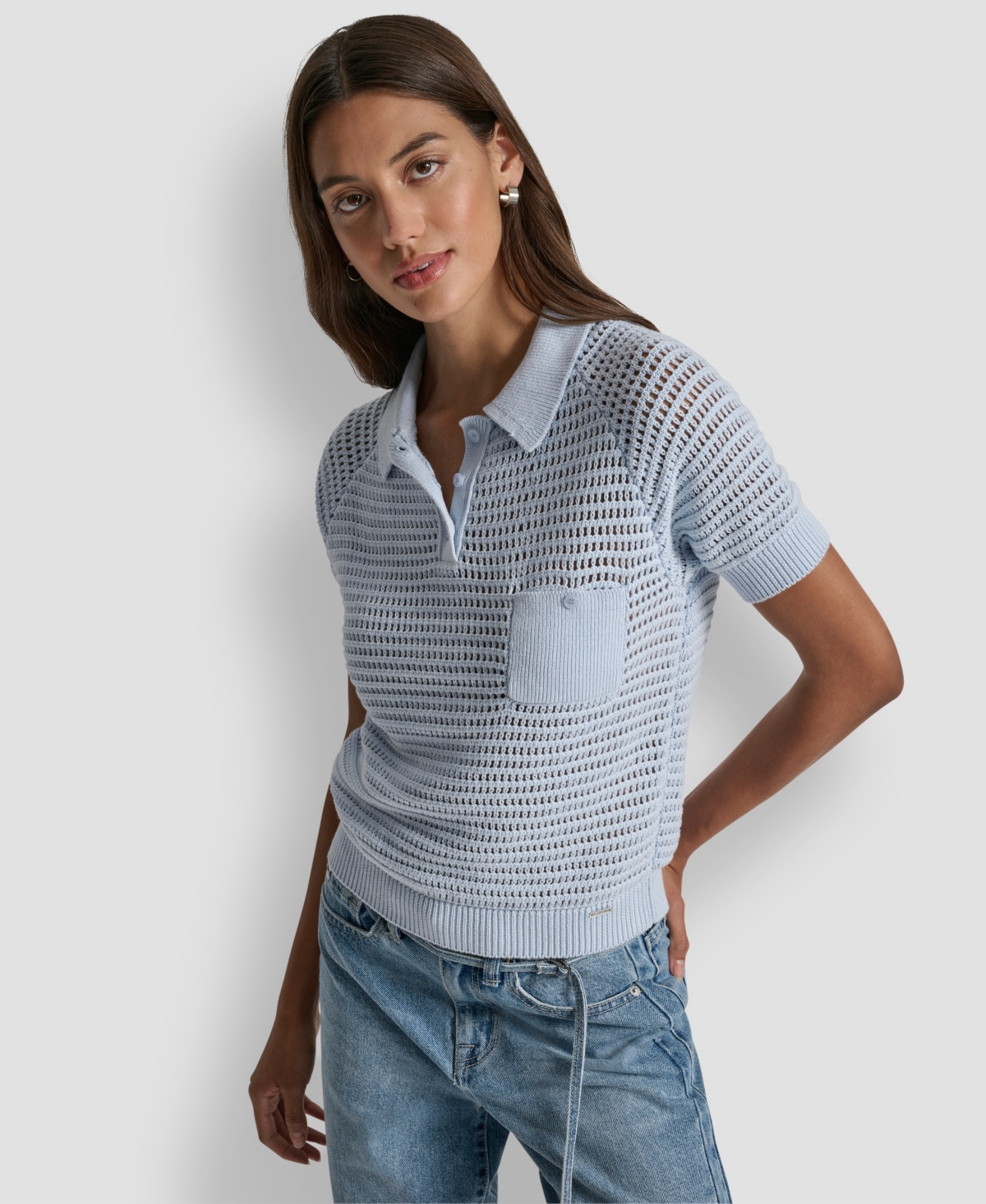 Dkny Jeans Women's Short-Sleeve Polo Collar Faux Crochet Stitch Sweater
