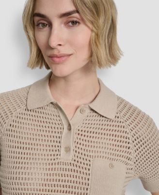 Women's Short-Sleeve Polo Collar Faux Crochet Stitch Sweater