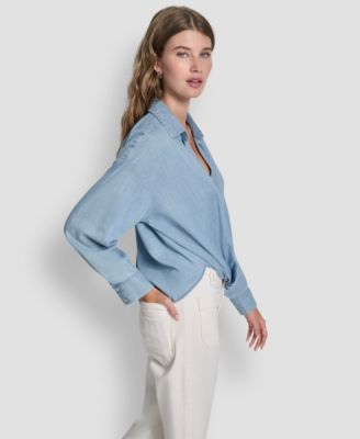 Women's Long-Sleeve Button Front Shirt With Twist Hem