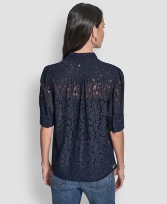 Women's Lace Puff Sleeve Stand Collar Shirt