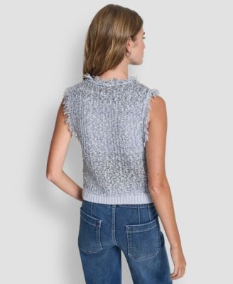 Women's Sleeveless Tweed Fringe Trimmed Sweater