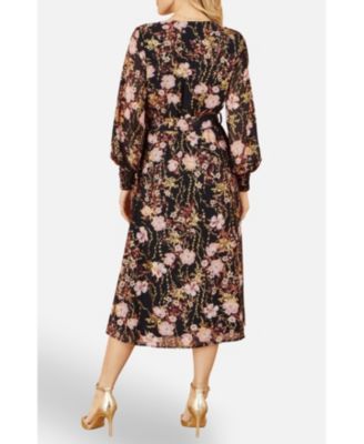 Women's Foiled Floral Print Wrap Midi Dress