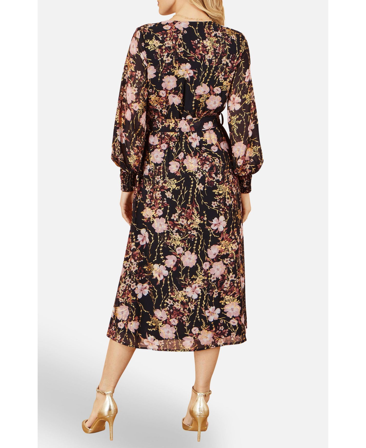 Women's Foiled Floral Print Wrap Midi Dress