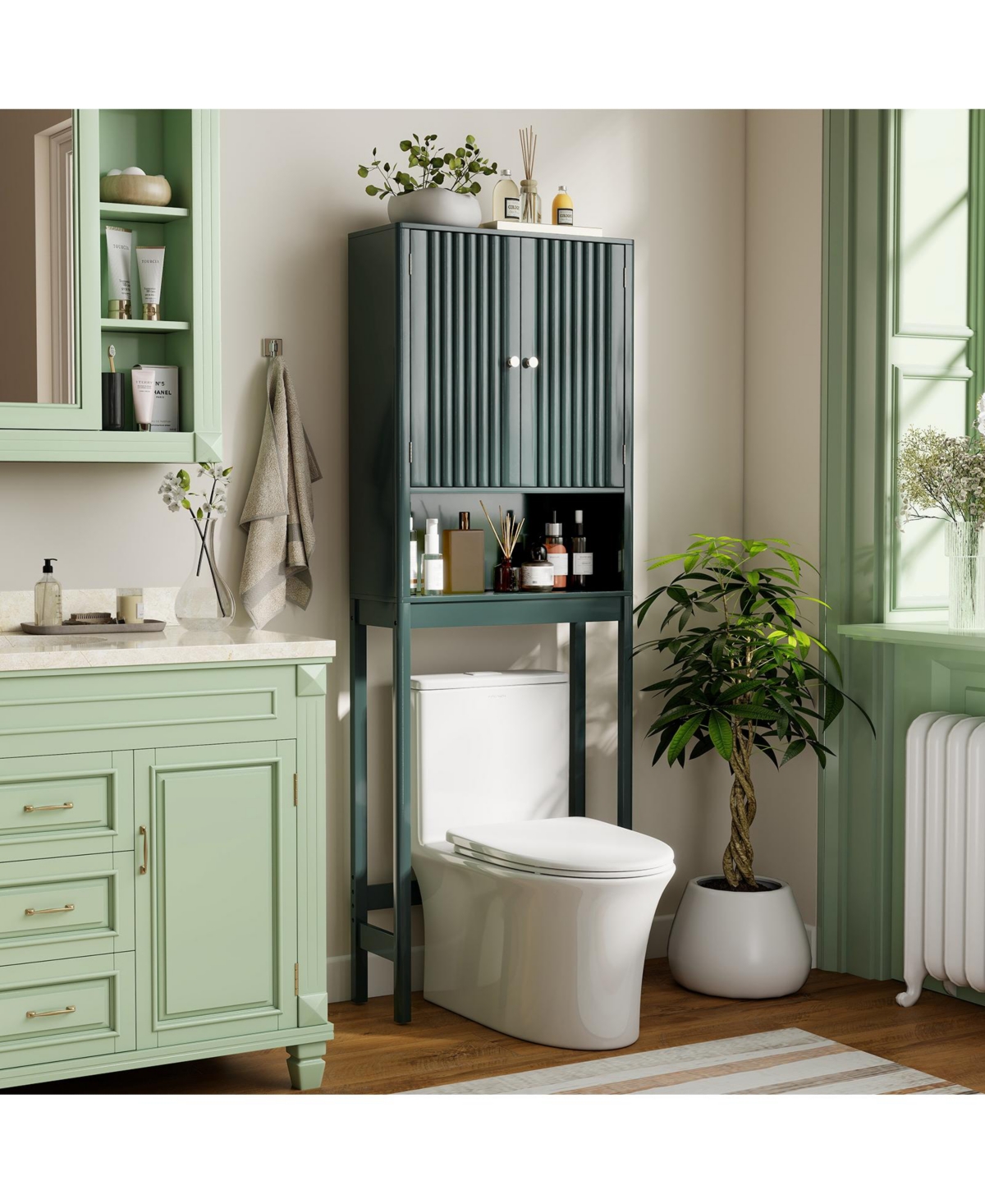 Gymax 66'' Over the Toilet Storage Cabinet w/Fluted Doors Adjustable Shelf & Bottom Bar