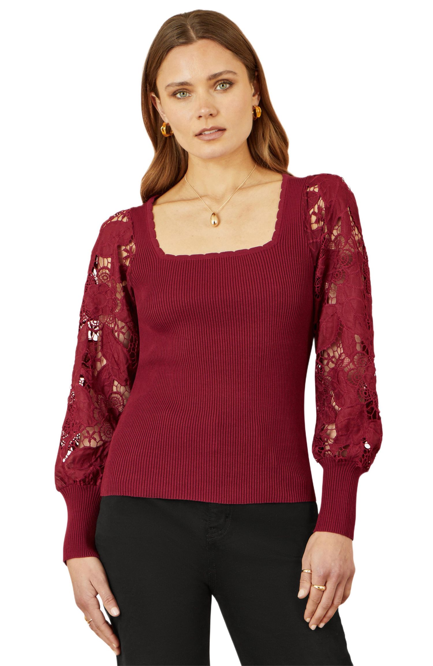 Women's Ribbed Knitted Lace Sleeve Sweater
