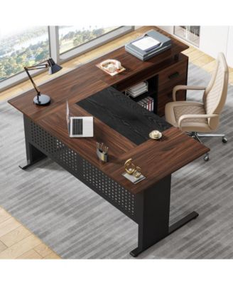 63 Inch Executive Desk with File Cabinet, Large Office Desk L Shaped Computer Desk