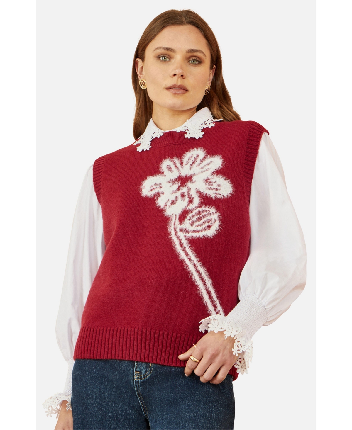 Yumi Women's Knitted Flower Sleeveless Sweater Vest