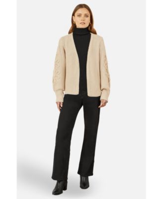 Women's Floral Sleeve Chunky Knit Open Front Long Cardigan Sweater