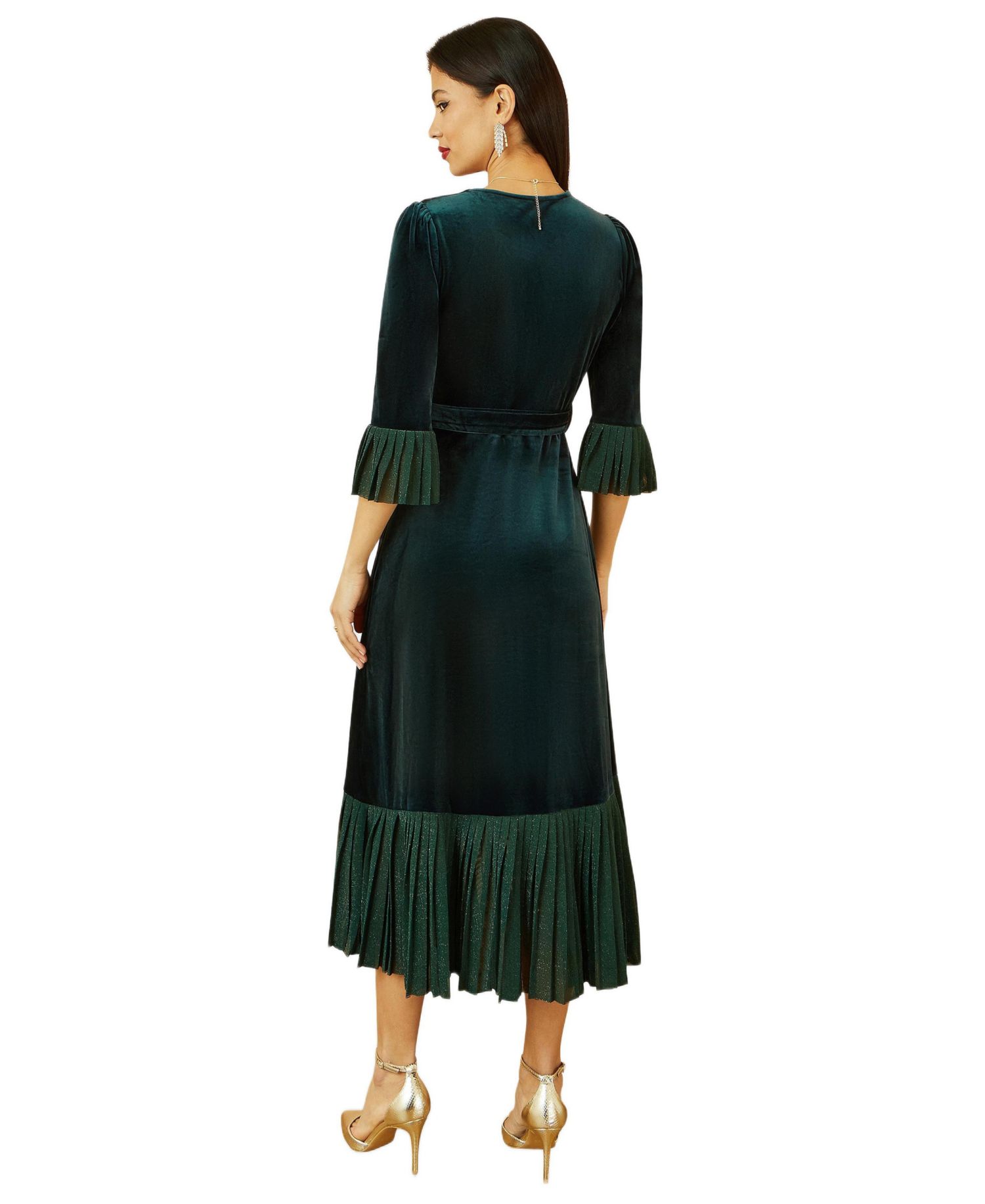 Women's Velvet Midi Pleat Detail Wrap Dress