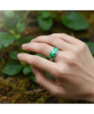 Nature Leaf Green Created Opal Leaf Band Ring .925 Sterling Silver