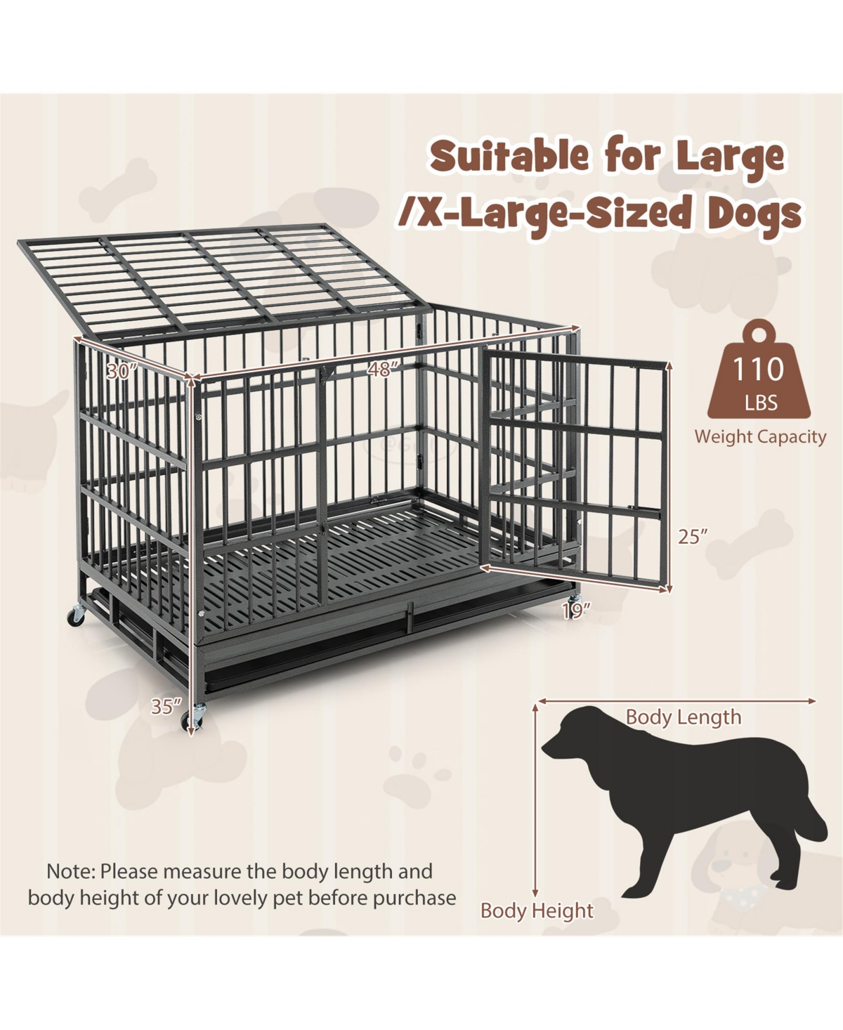 Gymax 48'' Foldable Heavy-Duty Metal Dog Cage W/ Lockable Rolling Casters