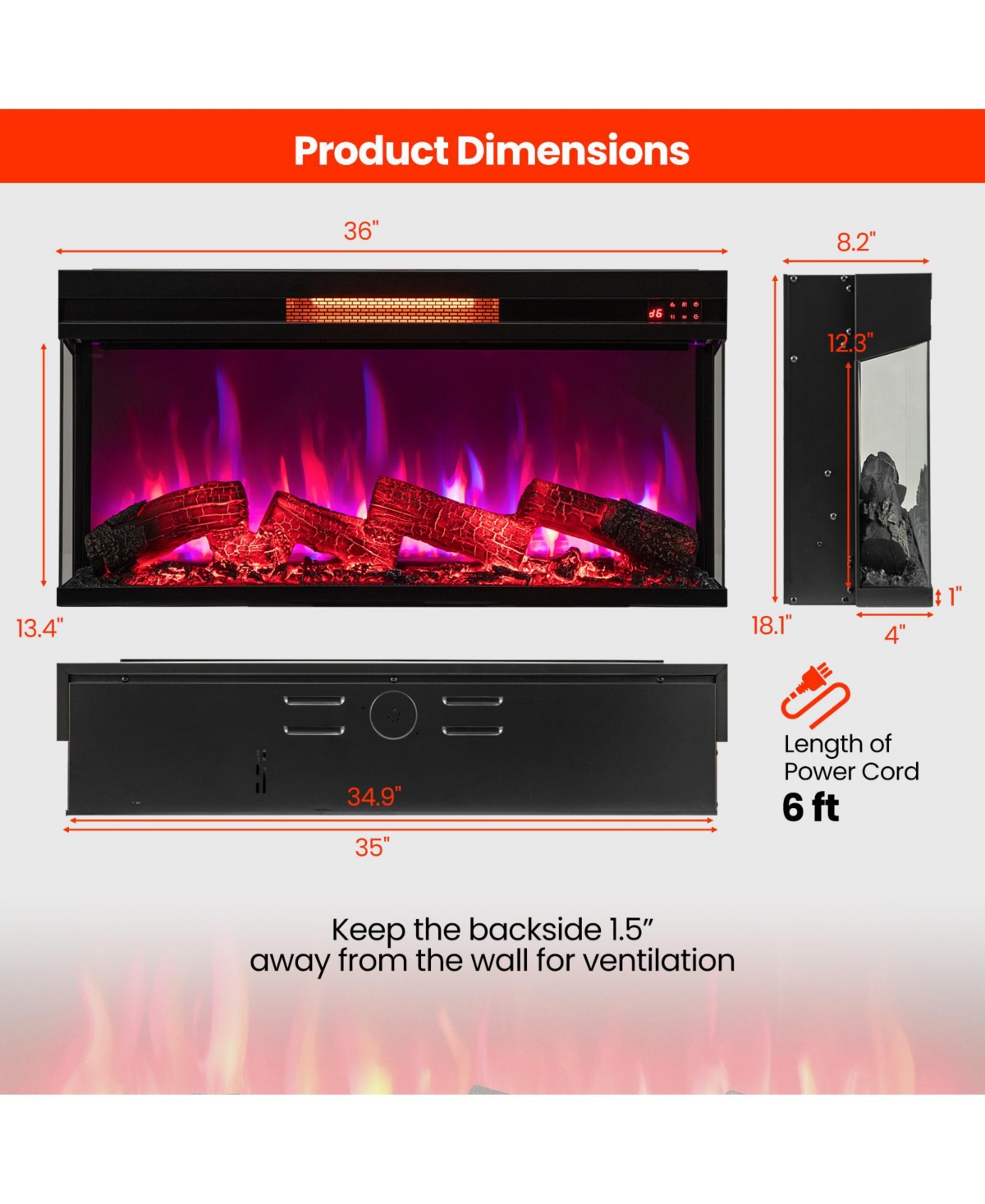 Sugift 36 Inch 3-Sided 1500W Electric Fireplace with 7-Color Flame