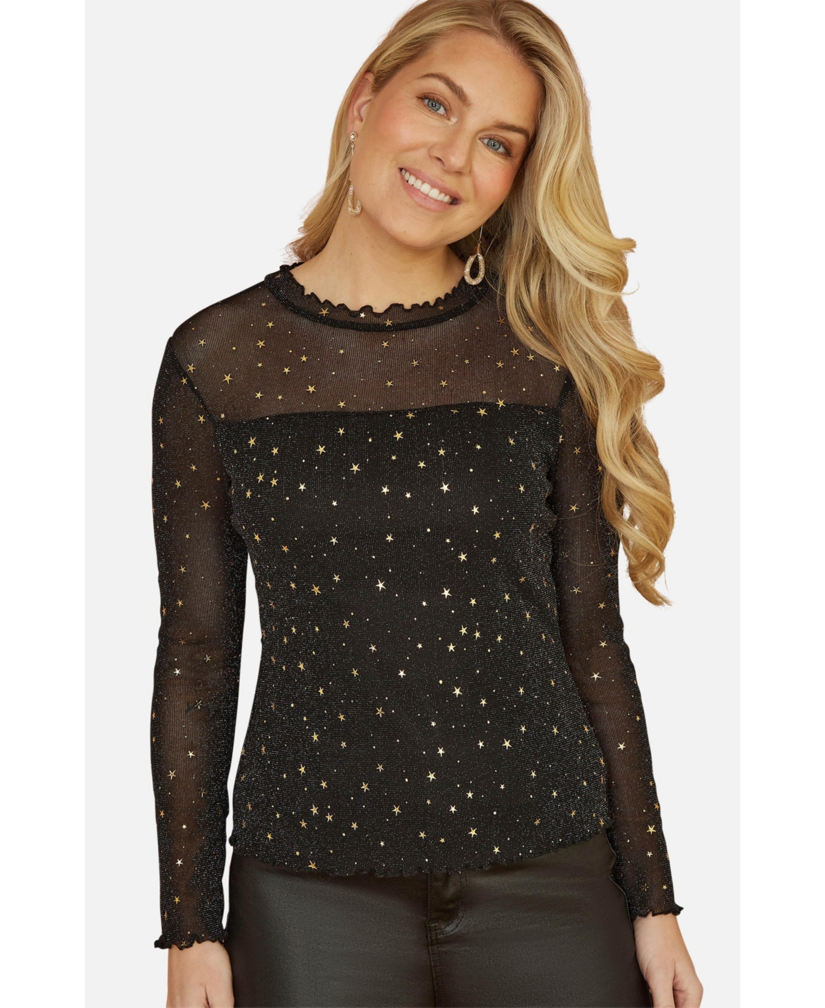 Yumi Women's Mesh Star Print Long Sleeve Top