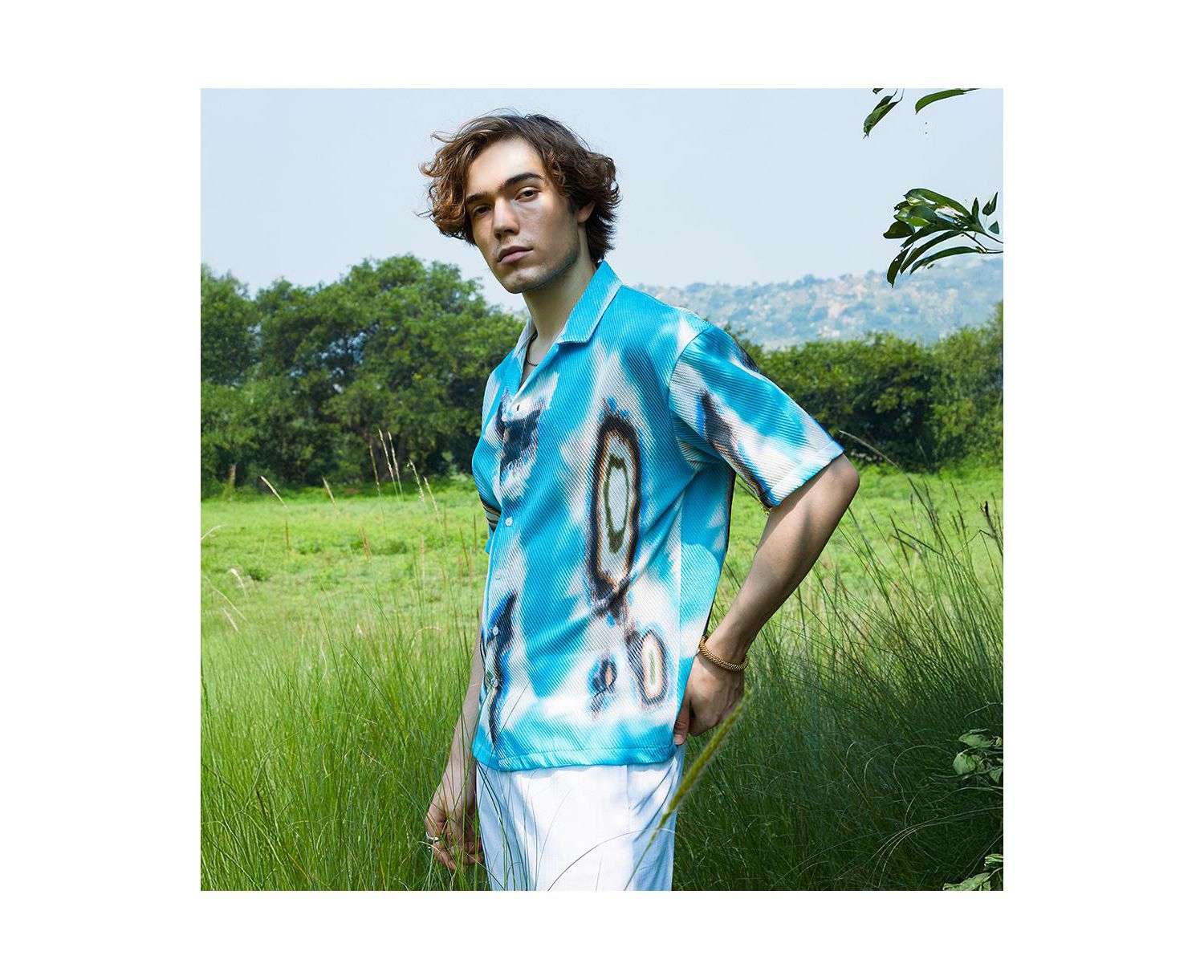 Men's Sky Blue Topography Mesh Oversized Shirt