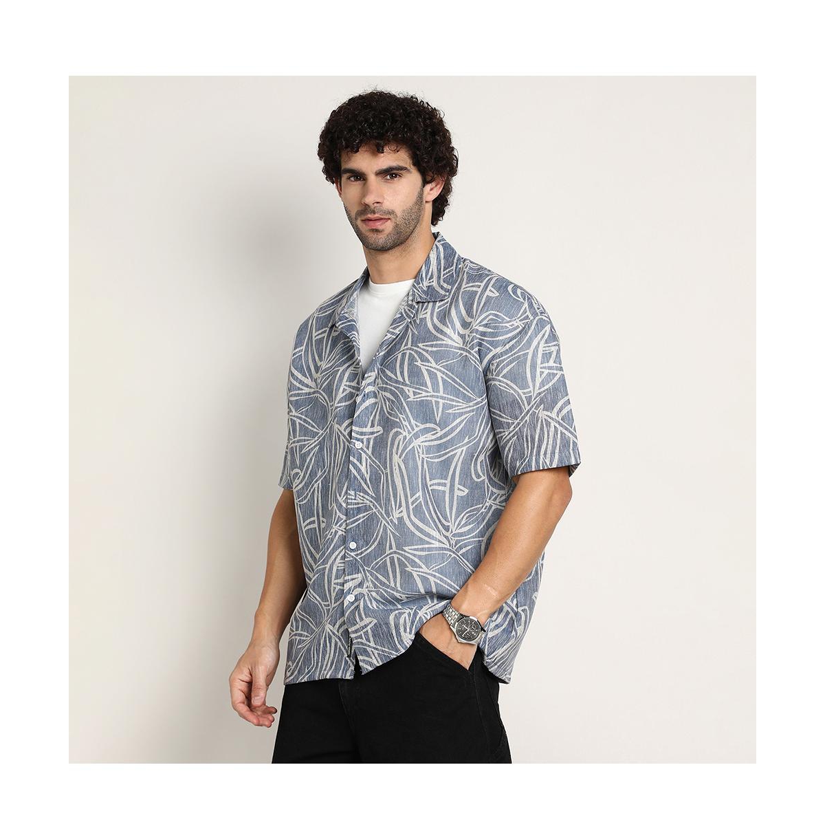 Campus Sutra Men's Steel Blue Vine-Lines Resort Oversized Shirt