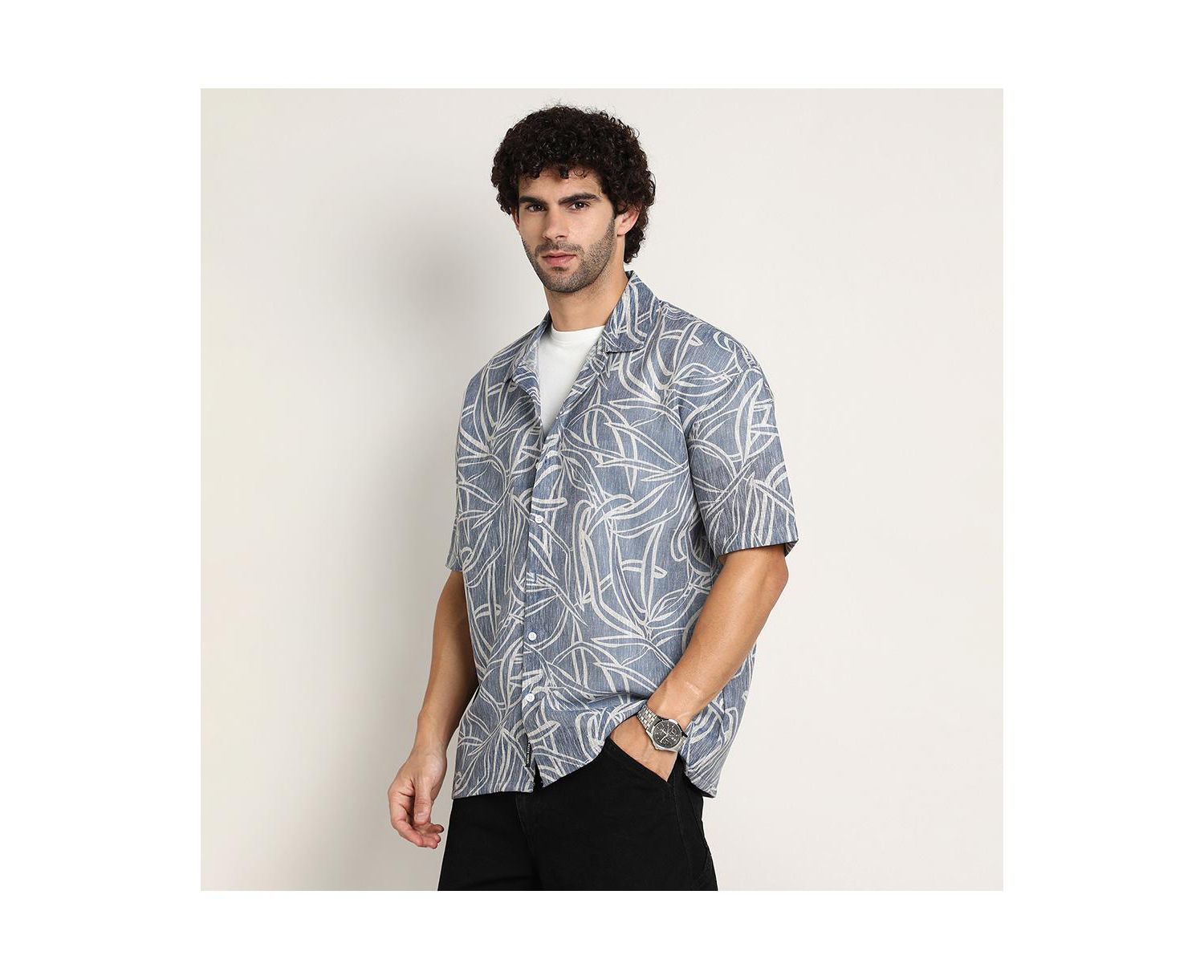 Men's Steel Blue Vine-Lines Resort Oversized Shirt