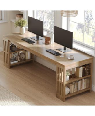 2 Person Desk, 78.7" Computer Desk with Shelves, Farmhouse Home Office Desk, Wood Heavy Duty Shelf Legs