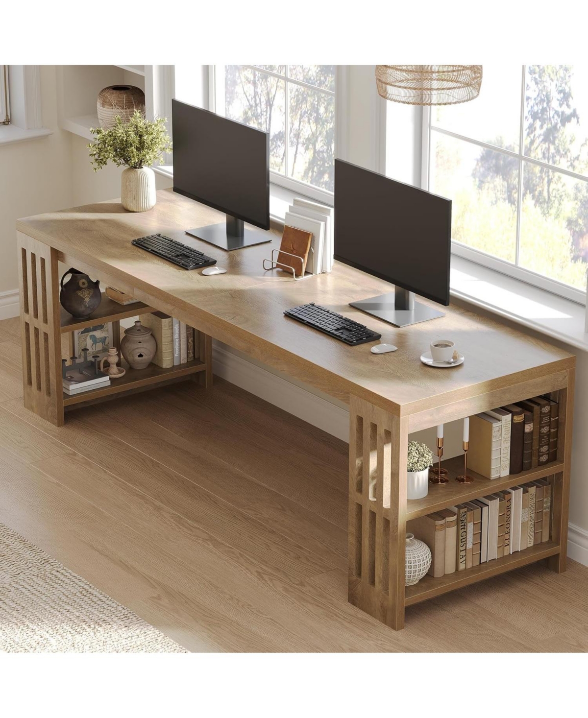 Tribesigns 2 Person Desk, 78.7" Computer Desk with Shelves, Farmhouse Home Office Desk, Wood Heavy Duty Shelf Legs