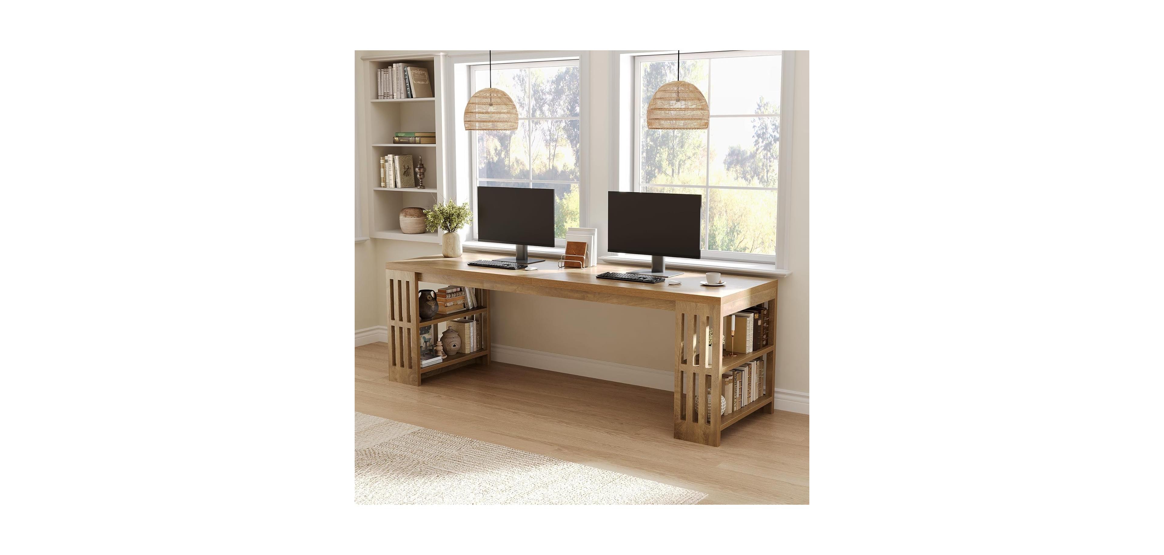 Tribesigns 2 Person Desk, 78.7" Computer Desk with Shelves, Farmhouse Home Office Desk, Wood Heavy Duty Shelf Legs