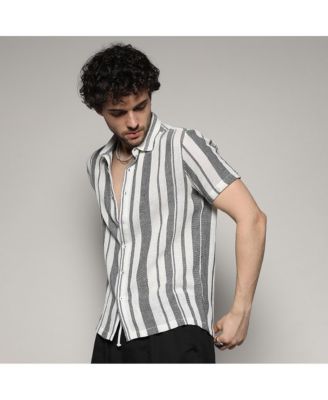 Men's White & Grey Unbalanced Striped Woven Shirt