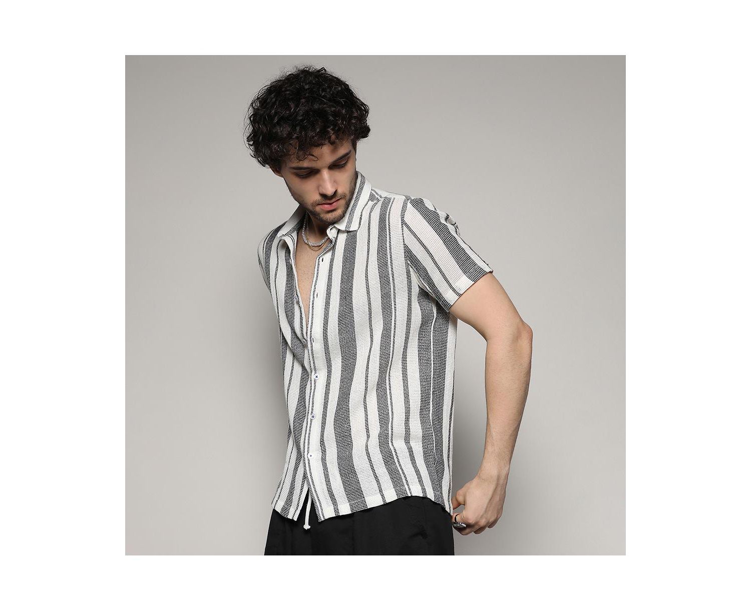 Men's White & Grey Unbalanced Striped Woven Shirt