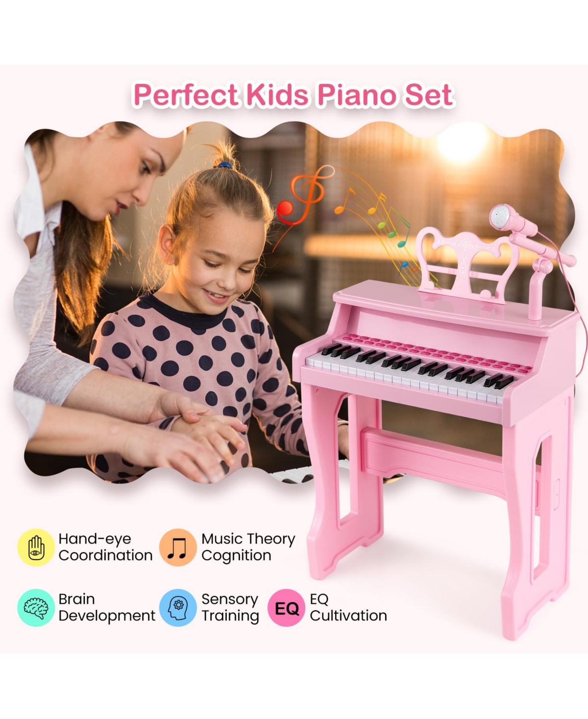 Hongge 37 Key Kids Piano Keyboard Set With Microphone Music Stand And Stool
