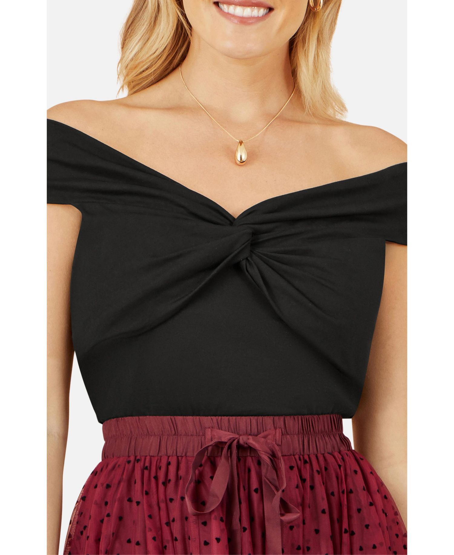Women's Short Sleeve Knot Detail Bardot Top