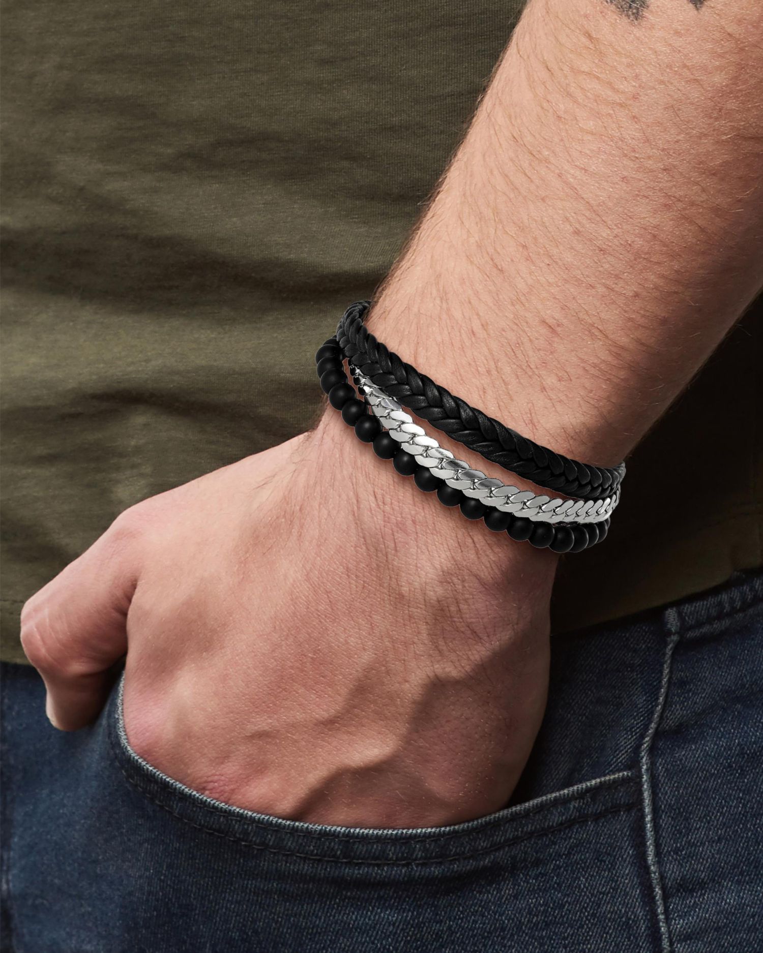 Men’s 3-Row Chain and Bead Bracelet, Black, Magnetic Clasp - 8.5''