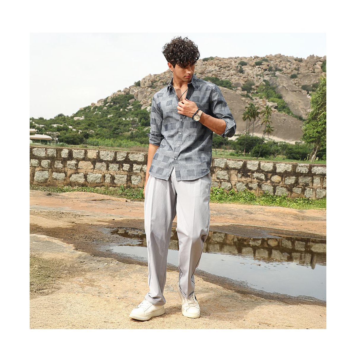 Campus Sutra Men's Moon Grey Buffalo-Jacquard Shirt