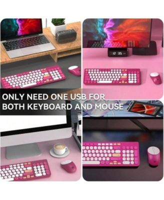 Wireless Keyboard And Mouse Combo - 2.4GHz Cordless, Cute Round Keys, Quiet Slim Set for Laptop, Computer, TV - White Red