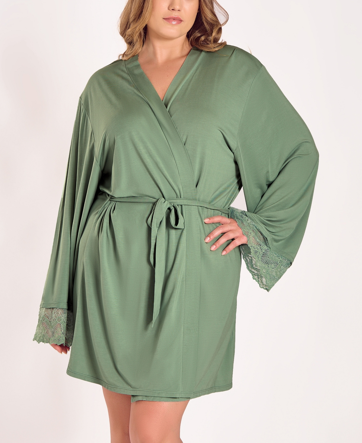 Icollection Plus Size Stretch Knit Long-sleeve Robe In Green