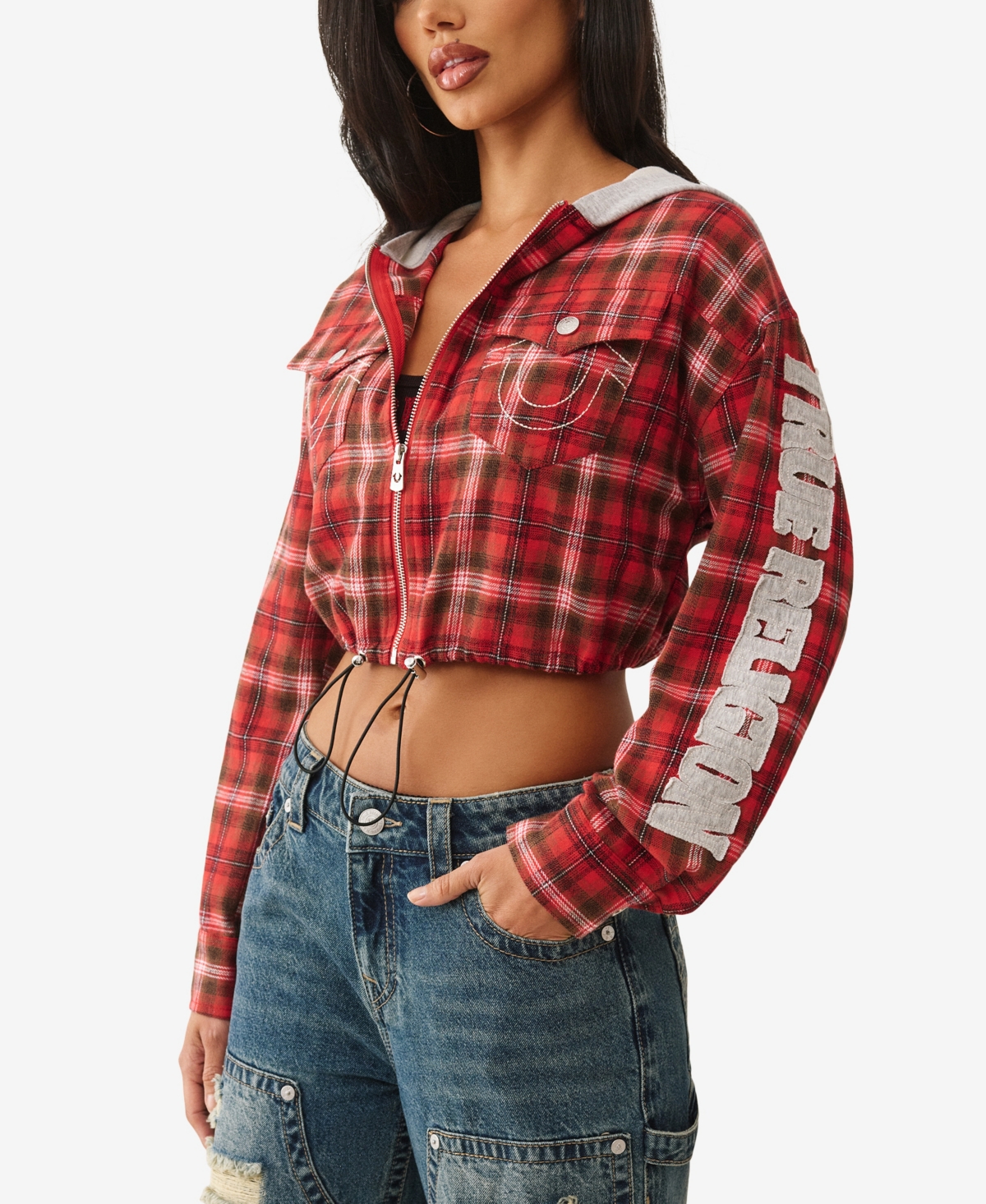 True Religion Women's Appliqué Shrunken Flannel Hoodie Top In Red