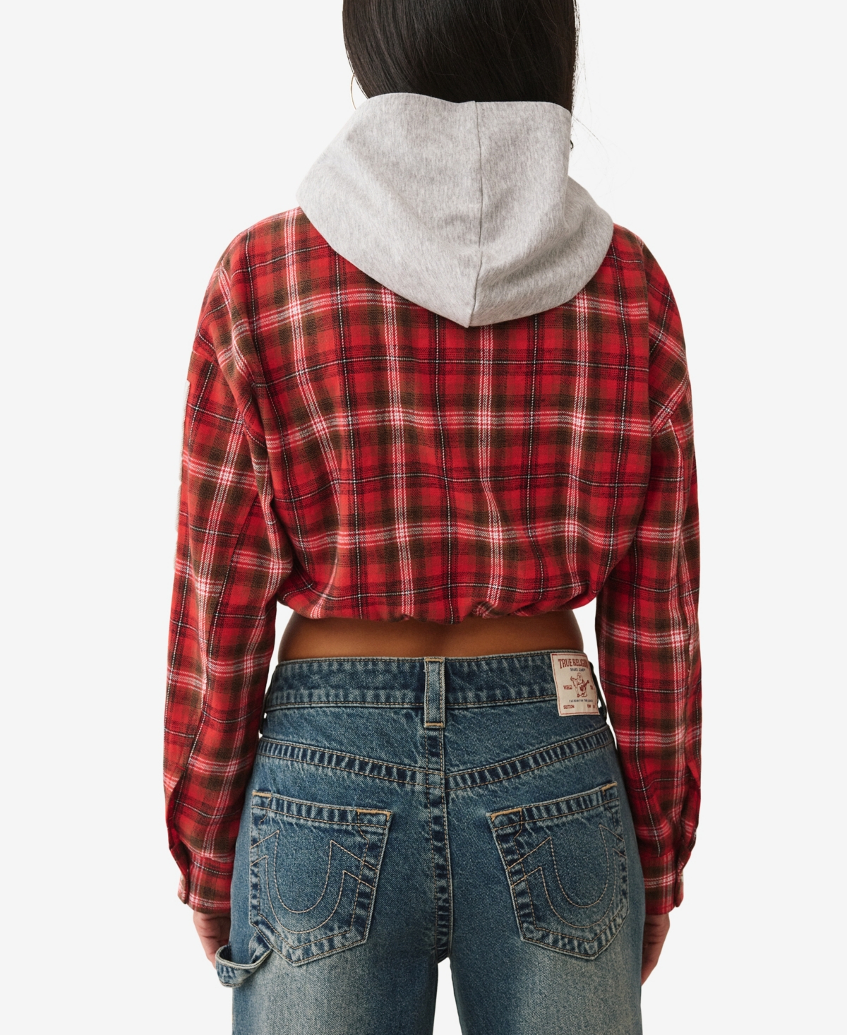 True Religion Women's Appliqué Shrunken Flannel Hoodie Top In Red
