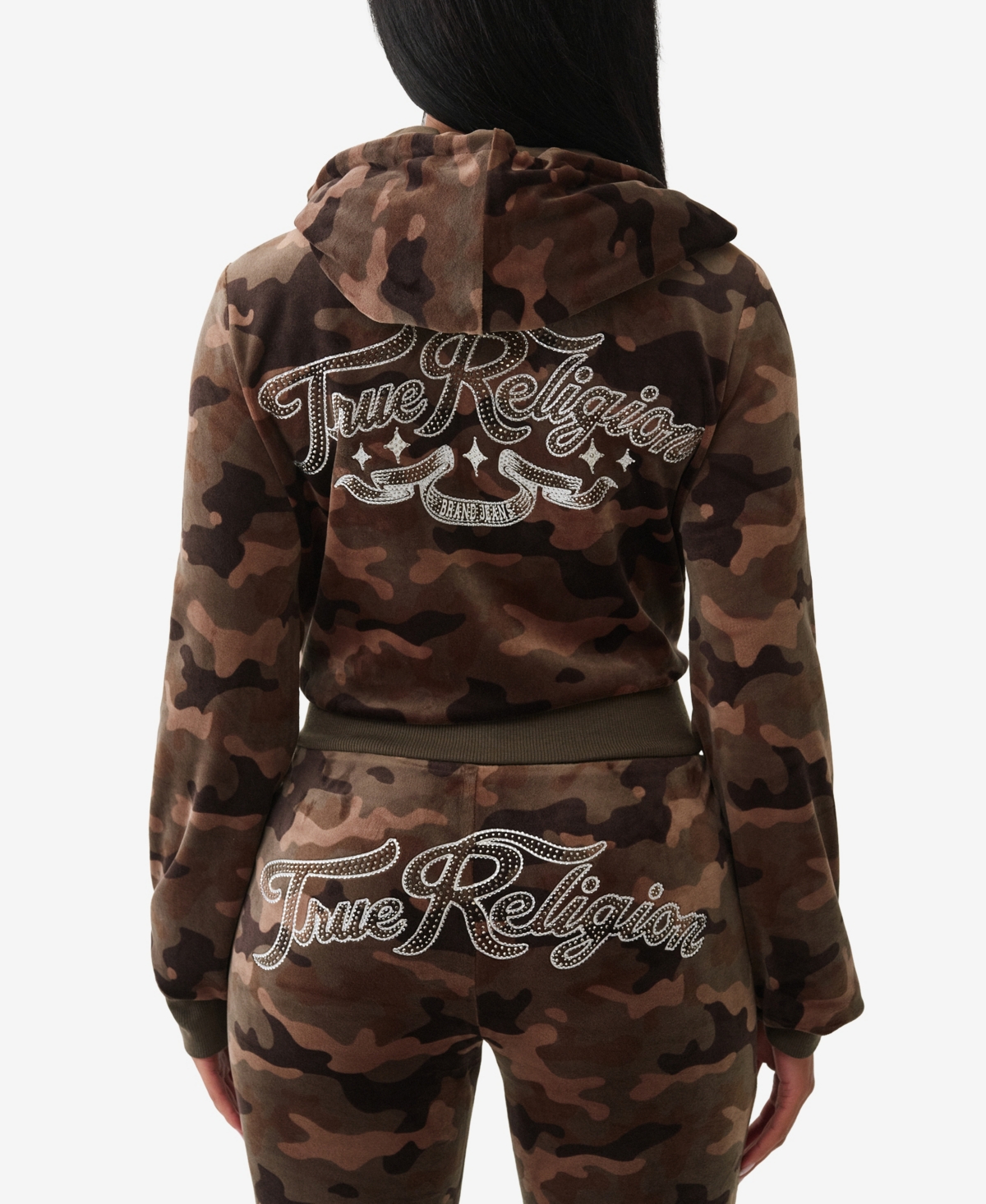 True Religion Women's Camo Velour Shrunken Hoodie In Brown
