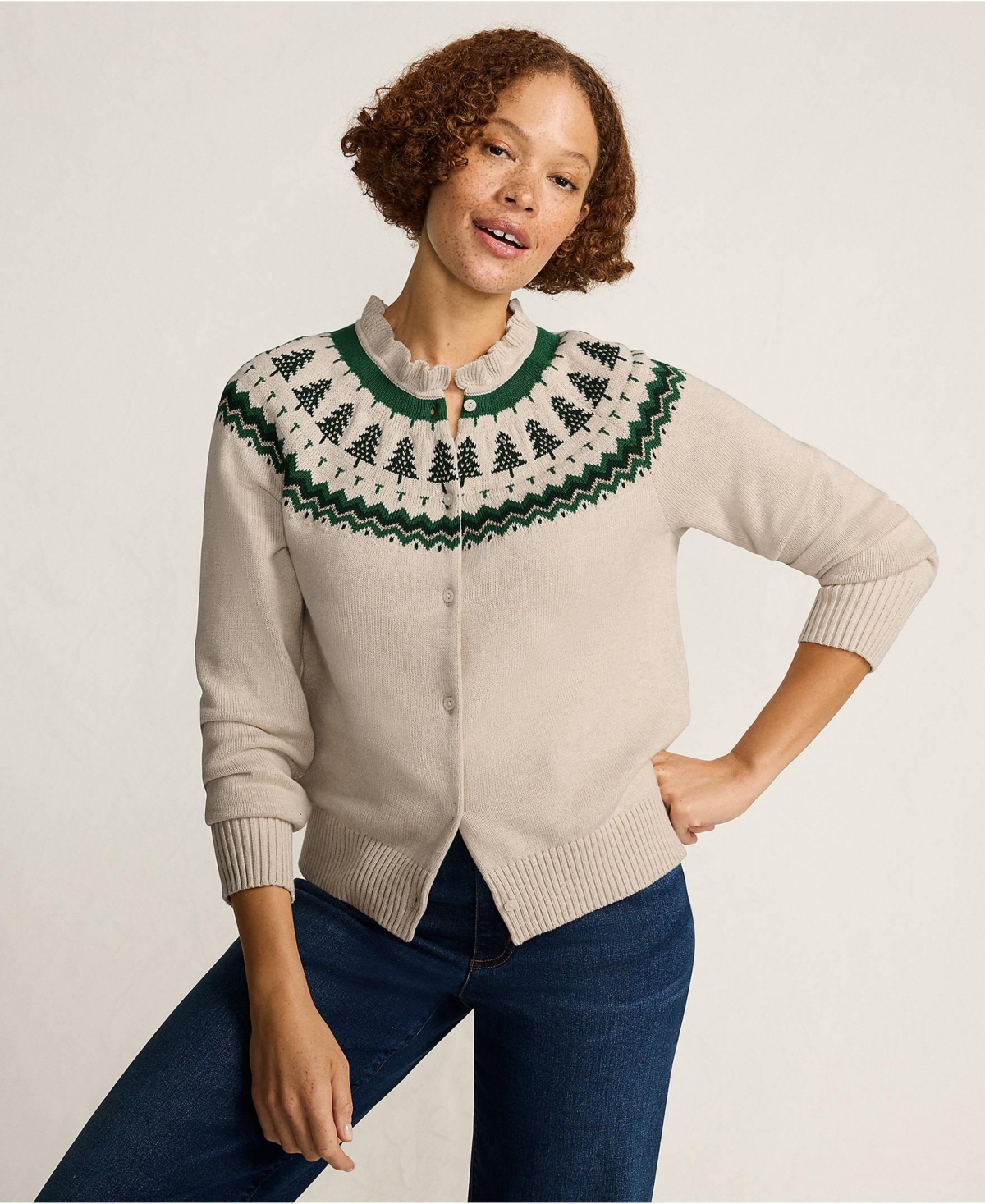 Lands' End Women's Drifter Lurex Ruffle Neck Jacquard Cardigan Sweater