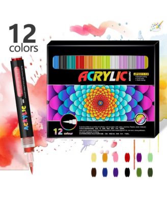 12 Colors Soft Brush Tip Pens and Markers with Direct-Liquid Ink Control System for Rock Painting, Canvas, Glass, Plastic, Fabric and Eggs