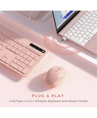 Wireless Keyboard And Mouse - Wireless Keyboard With Phone Holder, A Type C Receiver, Full - Size Combo, Pro PC Computer - Baby Pink